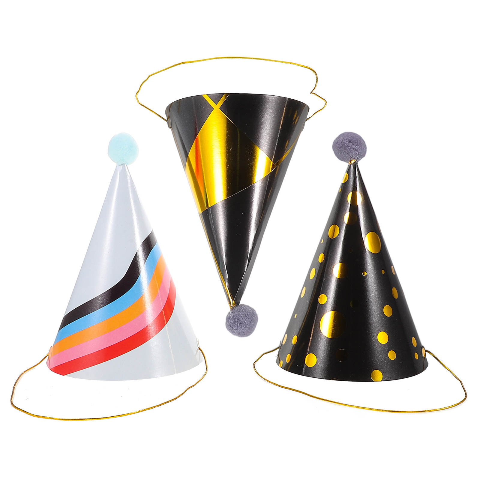 Party Hat Cone - 3Pcs Elegant Gold Foil Birthday Hats